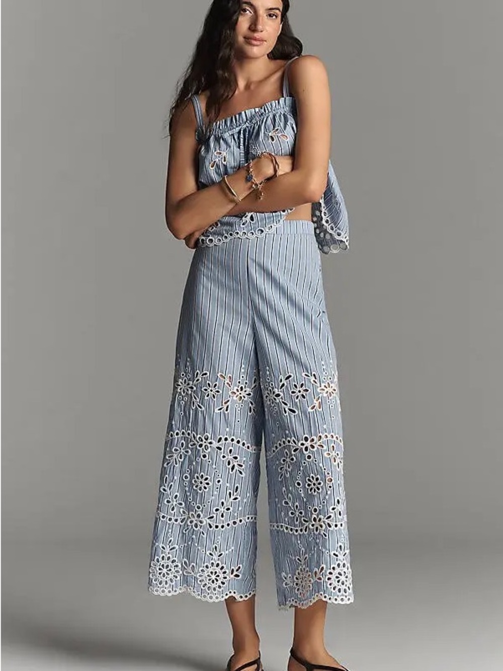 Maeve Anthropologie Striped Blue Eyelet Wide-Leg Crop Pants